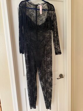 Victoria's Secret Black Floral Lace Bodysuit